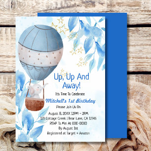 Up up and away boy hot air balloon elephant  invitation