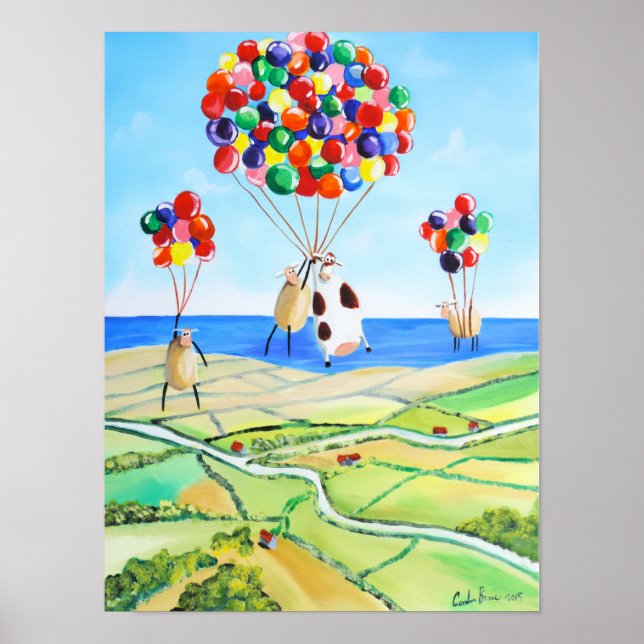 Up, up and away cow and sheep balloons poster (Front)