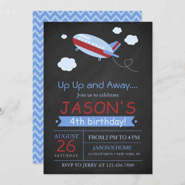 Up up and away cute aeroplane chalkboard birthday invitation (Front/Back)