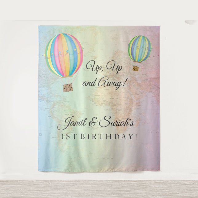Up Up and Away Hot Air Balloon birthday backdrop Tapestry (Front)
