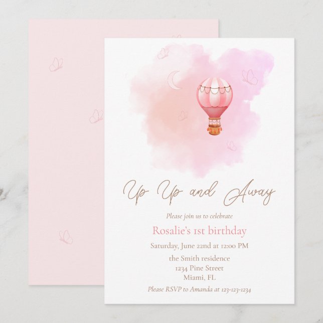 Up Up and Away Hot Air Balloon First Birthday Girl Invitation (Front/Back)