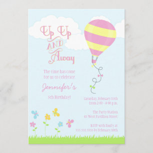 Up up and away hot air balloon girl birthday party invitation