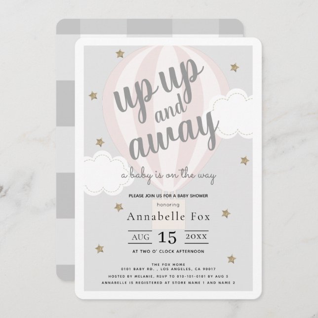 Up Up and Away Hot Air Balloon Pink Baby Shower Invitation (Front/Back)