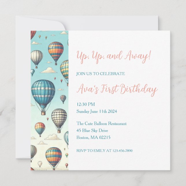Up, Up, and Away! Hot Air Balloons Birthday Invitation (Front)
