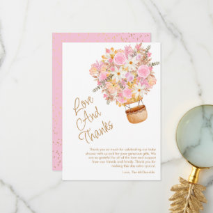 Up Up and Away Pink Floral Balloon Baby Shower Thank You Card