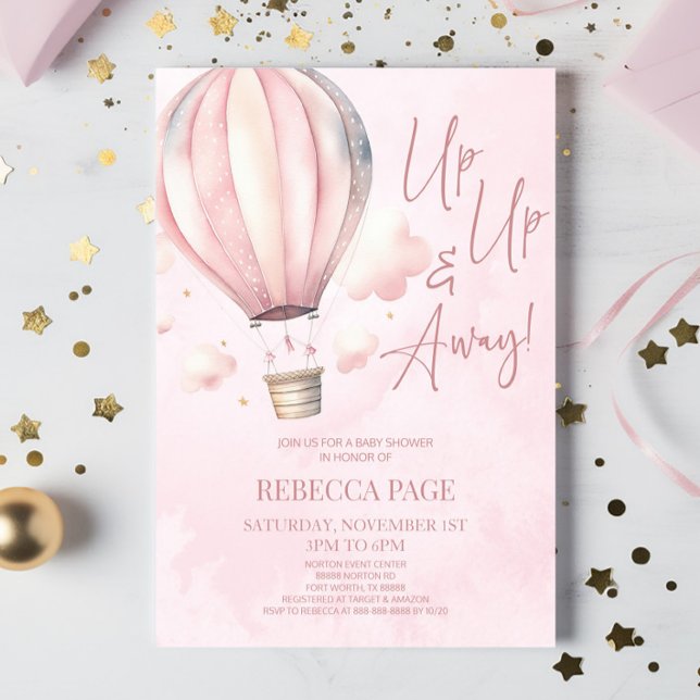 Up Up and Away! Pink Hot Air Balloon Baby Shower Invitation (Creator Uploaded)