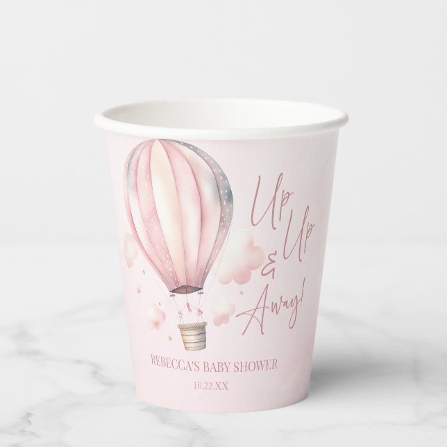 Up Up and Away! Pink Hot Air Balloon Baby Shower Paper Cups (Front)