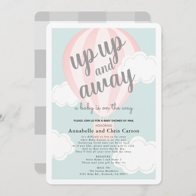Up Up and Away Pink Hot Air Balloon Shower by Mail Invitation (Front/Back)