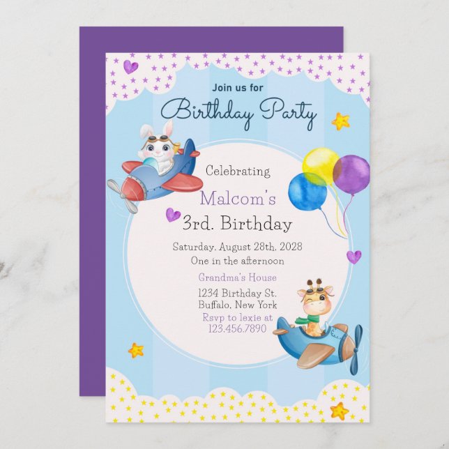 Up Up And Away Plane 3rd Birthday Party Invitation (Front/Back)