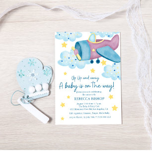 Up Up and Away Purple Aeroplane Baby Boy Shower Invitation