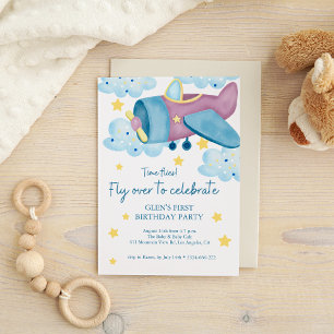 Up Up and Away Purple Aeroplane Birthday Boy Invitation