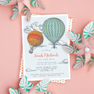Up Up and Away Vintage Hot Air Balloon Baby Shower Invitation