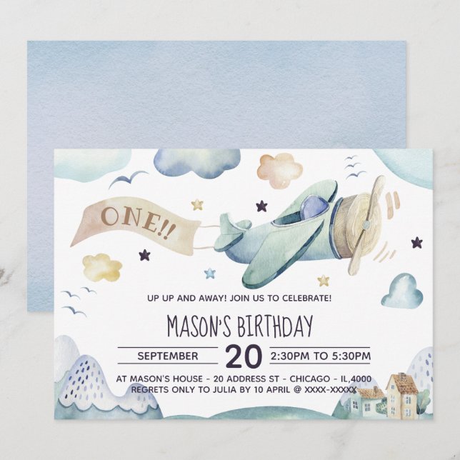 Up Up and Away Watercolor Aeroplane Birthday Party Invitation (Front/Back)