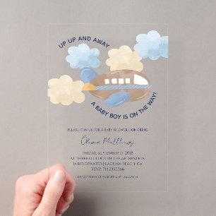 Up Up and Away Watercolor Aeroplane Boy Baby Showe Acrylic Invitations