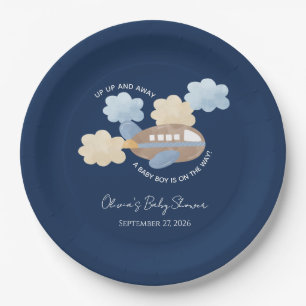 Up Up and Away Watercolor Aeroplane Boy Baby Showe Paper Plate