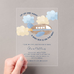 Up Up and Away Watercolor Airplane Boy Baby Shower Acrylic Invitations