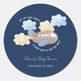 Up Up and Away Watercolor Airplane Boy Baby Shower Classic Round Sticker