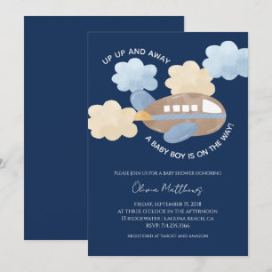 Up Up and Away Watercolor Airplane Boy Baby Shower Invitation