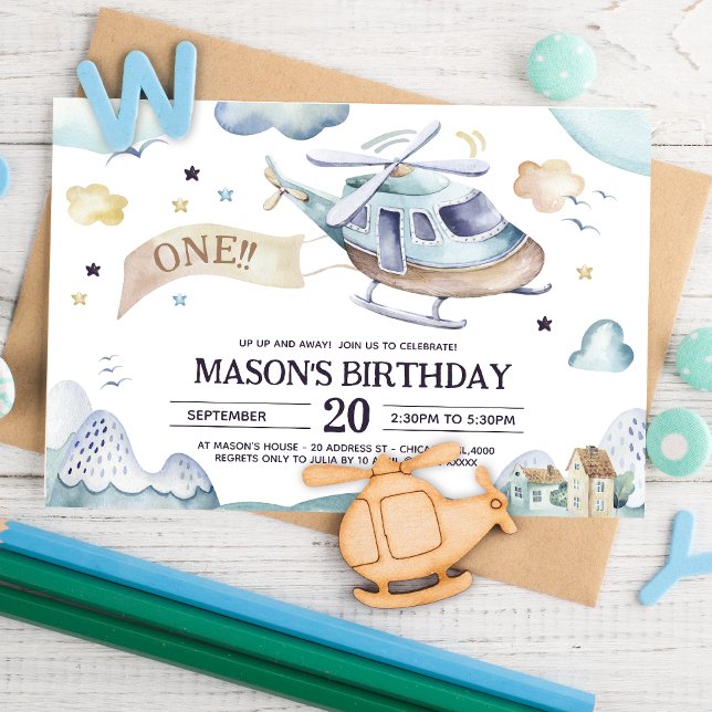 Up Up and Away Watercolor Helicopter Birthday Invitation (Creator Uploaded)