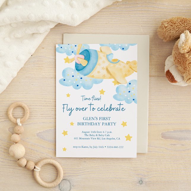 Up Up and Away Yellow Aeroplane Birthday Boy Invitation (Creator Uploaded)