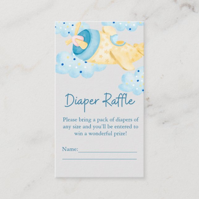Up Up and Away Yellow Grey Aeroplane Diaper Raffle Enclosure Card (Front)