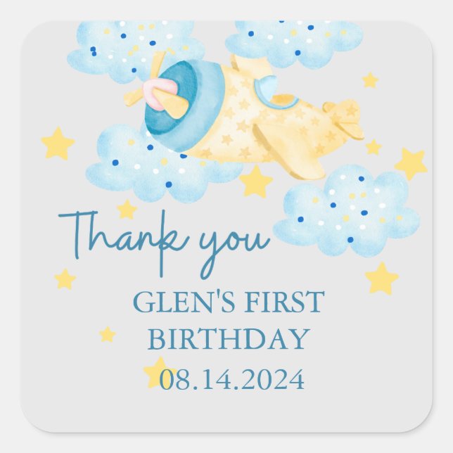 Up Up and Away Yellow Grey Aeroplane Thank you  Square Sticker (Front)