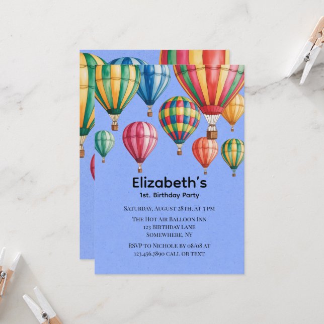 Up Up & Away 1st. Birthday Party Invitation (Front/Back In Situ)