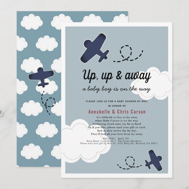 Up Up & Away Aeroplane Blue Boy Baby Shower by Mai Invitation (Front/Back)