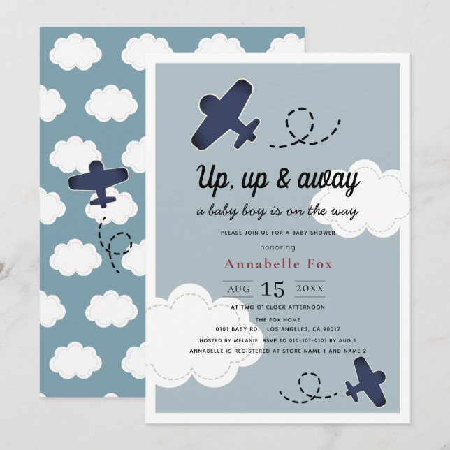 Up Up & Away Aeroplane Blue Boy Baby Shower Invitation (Front/Back)