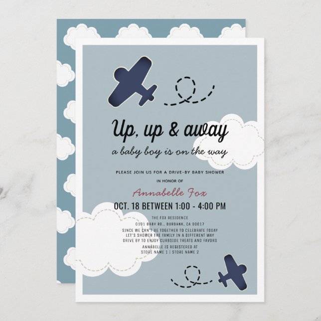 Up Up & Away Aeroplane Blue Drive-by Baby Shower Invitation (Front/Back)