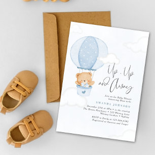 Up,Up & Away Blue Bear Hot air Balloon Baby Shower Invitation