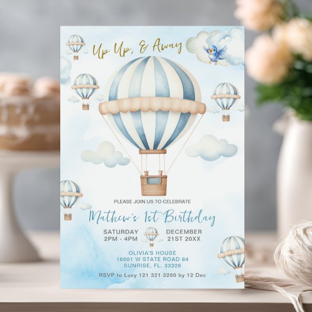 Up Up & Away Blue Hot Air Balloon Boy 1st Birthday Invitation (Creator Uploaded)
