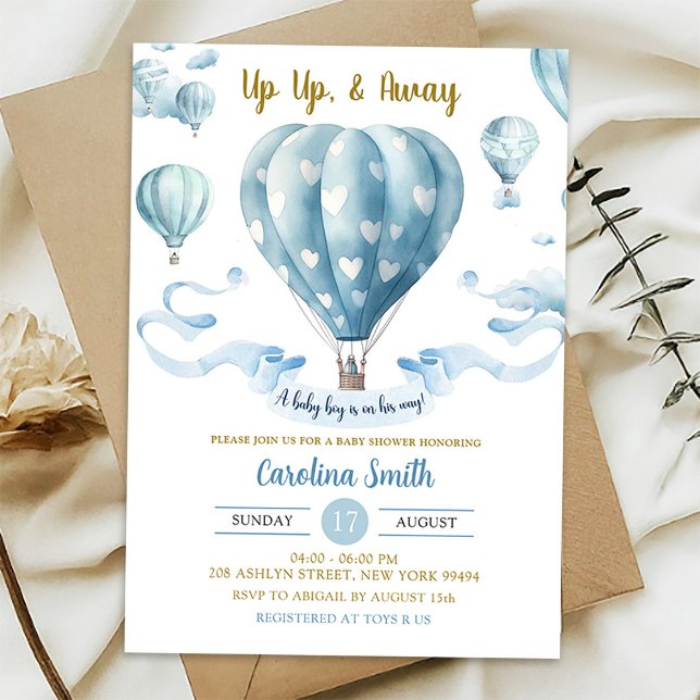 Up Up & Away Blue Hot Air Balloon Boy Baby Shower Invitation (Creator Uploaded)
