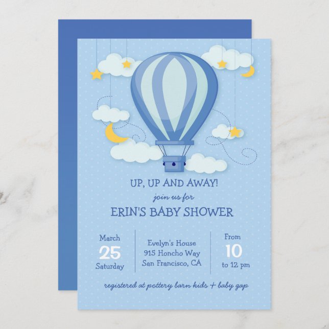 Up, Up Away Hot Air Balloon Baby Shower Invitation (Front/Back)