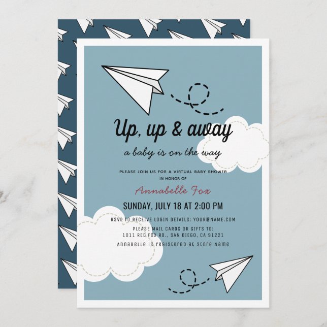 Up Up & Away Paper Plane Blue Virtual Baby Shower Invitation (Front/Back)