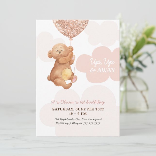 Up, Up & Away Teddy Bear Pink Clouds Baby Birthday Invitation (Standing Front)