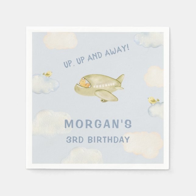Up Up Away Watercolor Plane Squirrel Birthday Napkin (Front)