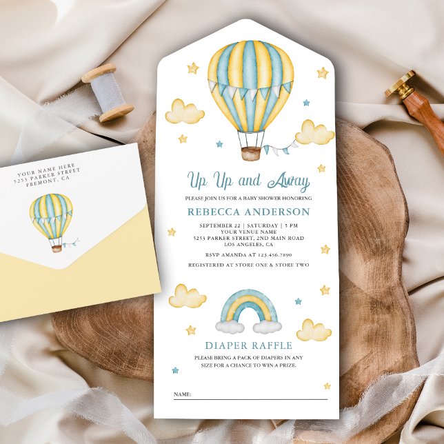 Up Up Away Yellow Blue Hot Air Balloon Baby Shower All In One Invitation (Creator Uploaded)