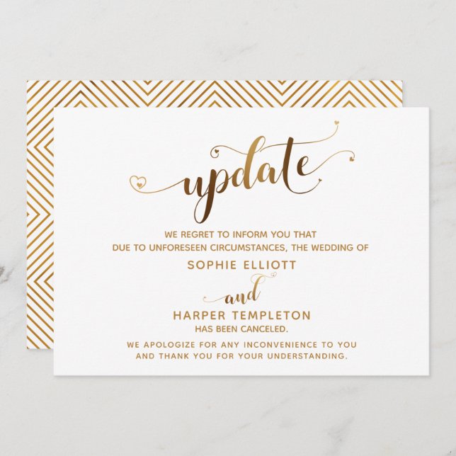 Update Cancelled Wedding Gold Hearts Script Card (Front/Back)