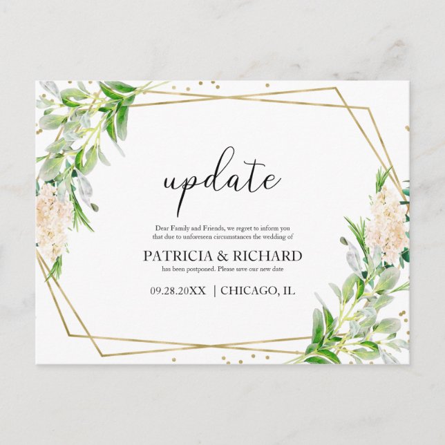 Update Elegant Greenery Wedding New Date Postcard (Front)
