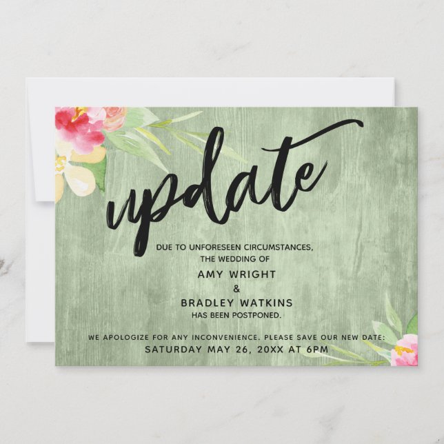 "Update" Flowers Green Wood Postponed Wedding Invitation (Front)