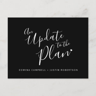 Update to plan black white heart wedding cancelled announcement postcard