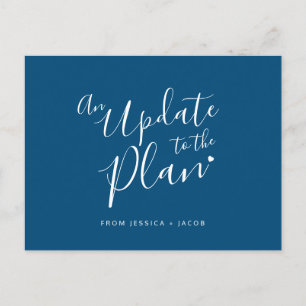 Update to plan blue white heart wedding cancelled announcement postcard