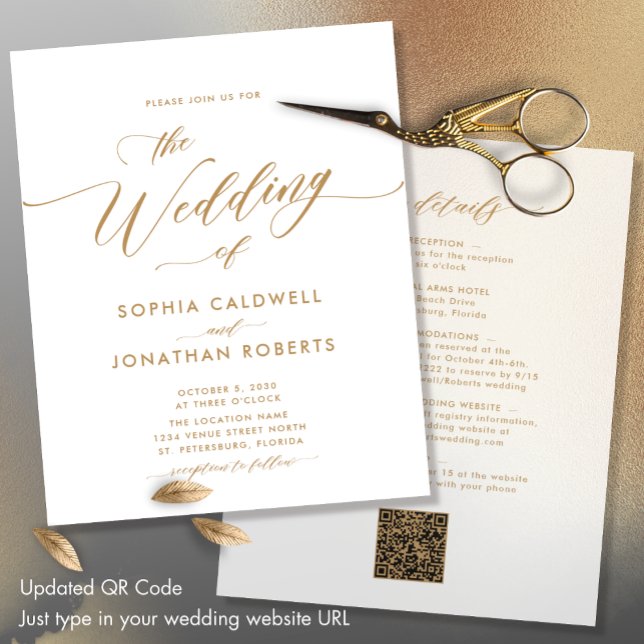 Updated Budget Gold Calligraphy Wedding Invite (Updated QR Code Budget All in One Gold Calligraphy Wedding Invitation)
