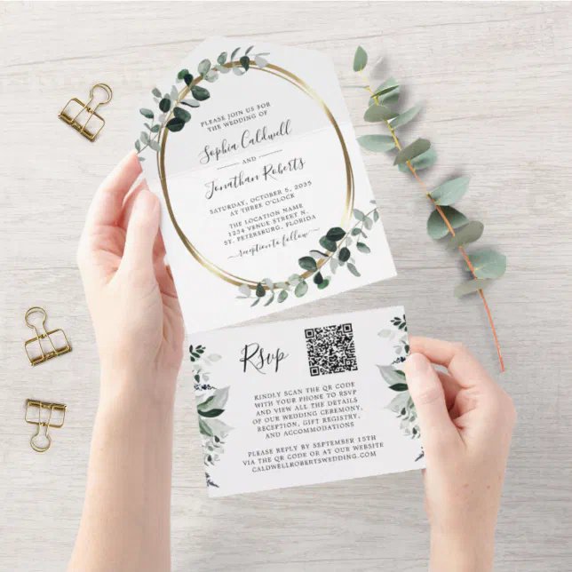 Updated Eucalyptus Gold Qr Code Rsvp Wedding All In One Invitation Zazzle