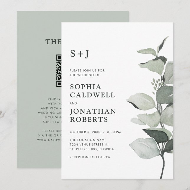 Updated Eucalyptus QR Code Sage Monogram Wedding Invitation (Front/Back)