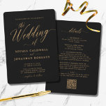 Updated Gold Calligraphy All in One Black Wedding Invitation<br><div class="desc">Updated QR Code - Elegant Gold Calligraphy on Black All in One Wedding Invitation with Details on Back and Rounded Corners... Our unique "All in One" gold and black wedding invitation features gold calligraphy combined with serif text for a classic and elegant wedding invitation on a black background. The back...</div>