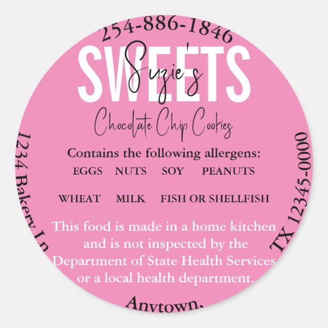 Updated Texas State Cottage Law Ingredients Label  (Front)