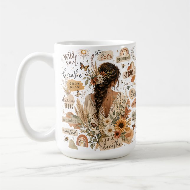 Uplifting floral affirmation watercolor boho chic coffee mug (Left)