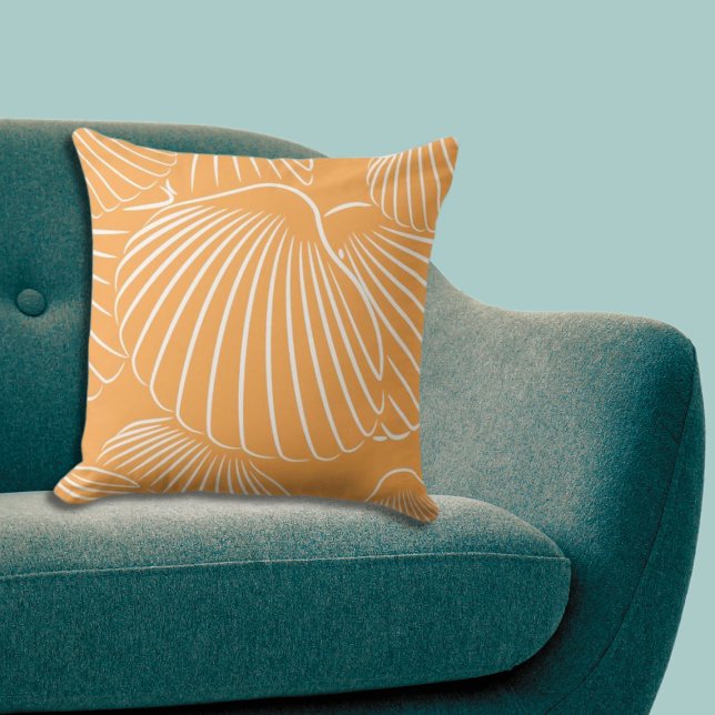 Uplifting Orange & White Shore Shell Pattern  Cushion (Uplifting Orange & White Shore Shell Pattern Throw Pillow, Beach Living Room)